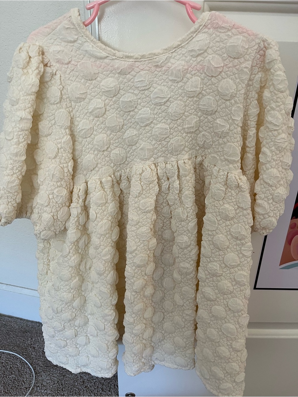 Petite Hailey Girls Cream Ivory Textured Floral Puff Sleeve Dress